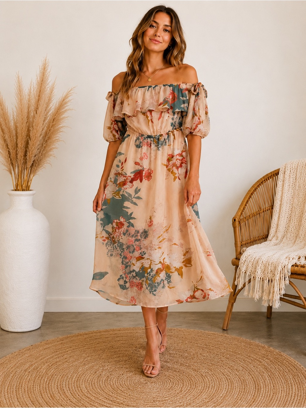 Express Floral off-shoulder midi dress SMALL cottagecore boho romantic